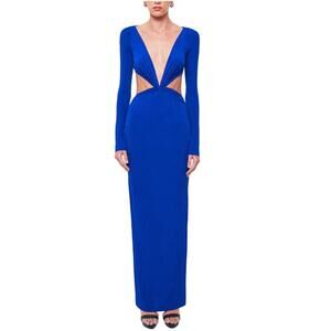 OW Collection Maxi Dress Blue Long Sleeve V Neckline Cut Out Waist New